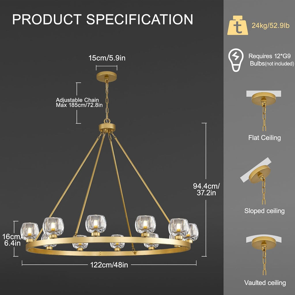 Gold Wagon Wheel Chandelier, 48 Inch Brass Chandeliers with Unique Glass Shade, 12-Light Crystal Large Wagon Wheel Chandeliers for Dining Room, High Ceiling Round Chandelier for Living Room, Foyer