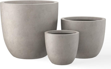 Set of 3 Weathered Concrete Bowl Planters 18" 14" 18" Dia | Drainage for Outdoor, Rubber Plug for Indoor Home