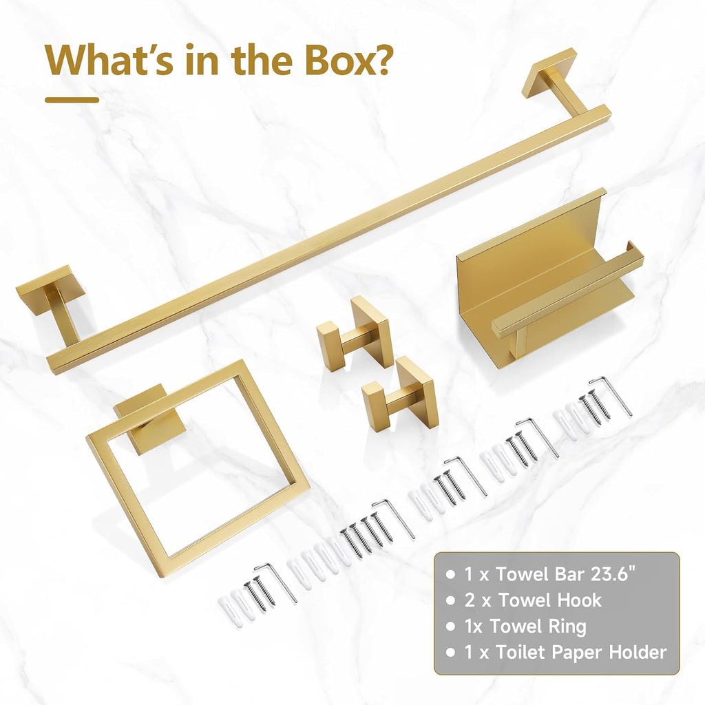 5-Pieces Brushed Gold Bathroom Hardware Accessories Set 23.6" SUS304 Stainless Steel Towel Bar Set Wall Mounted