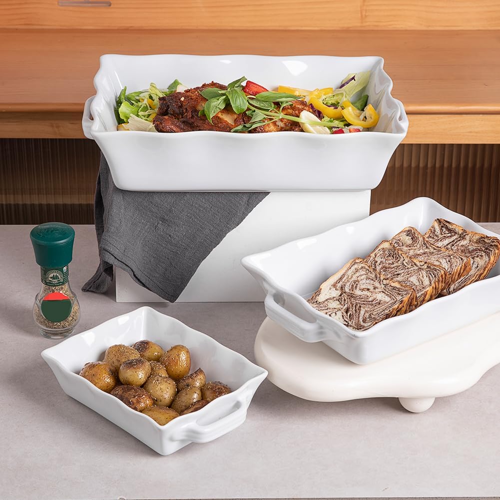 Casserole Dishes for Oven, Ceramic Bakeware Set of 3, Rectangular dish with Handles, Wave Edge Lasagna Pan Deep for