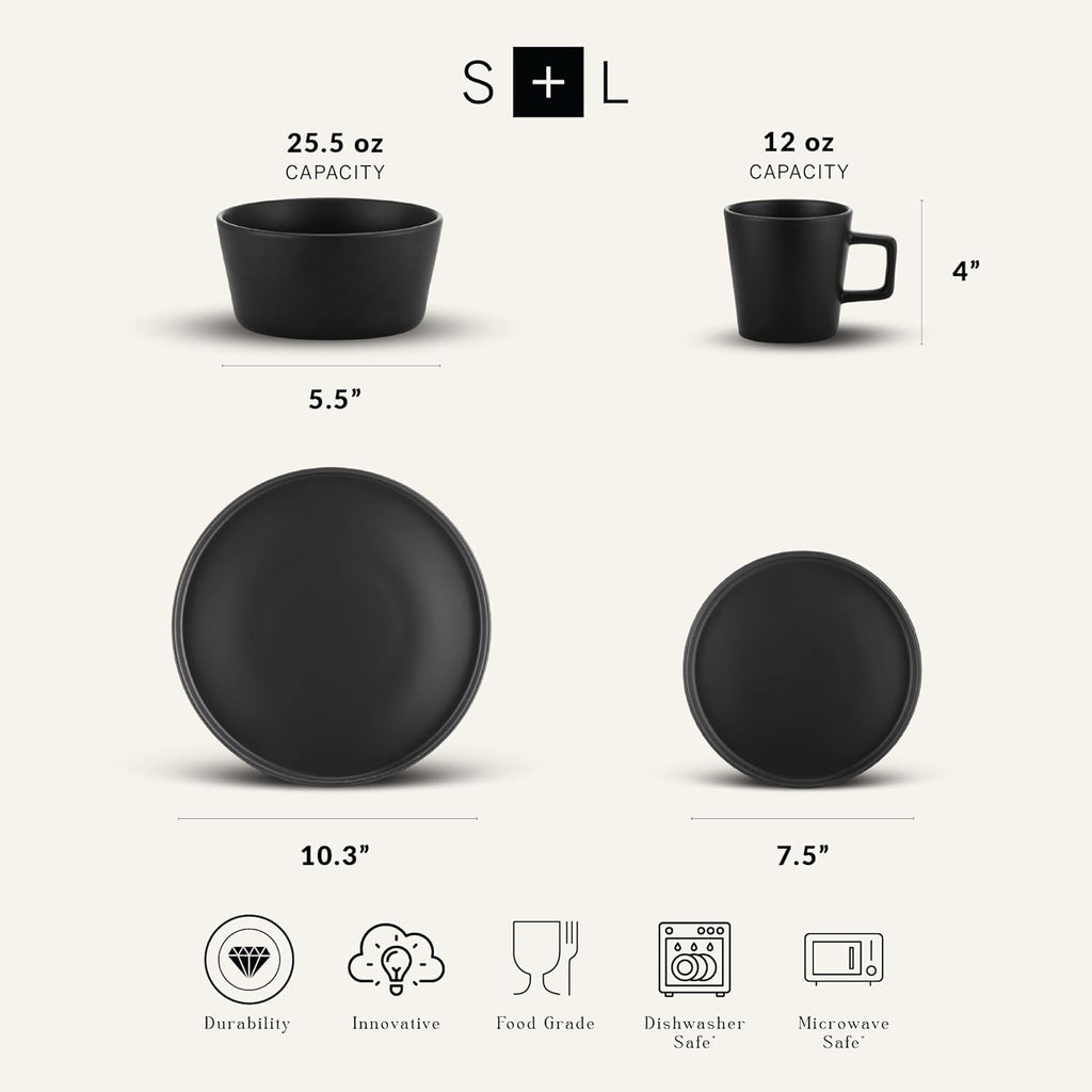 Celina Stoneware 16 Piece Modern Dinnerware Set, Plates and Bowls, Black Matte, Service for 4