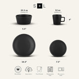 Celina Stoneware 32 Piece Modern Dinnerware Set, Plates and Bowls, Black Matte, Service for 8