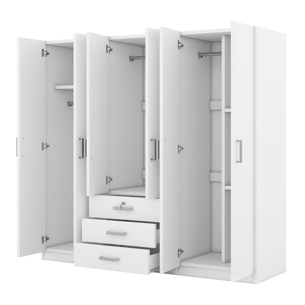 Modern 6-Doors Wooden Wardrobe with Silver Handles and Big Drawers, White