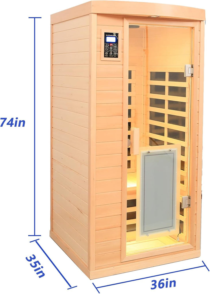 1 Person Low EMF FAR Infrared Sauna, Canadian Hemlock Home Saunas, 6 Heating Panels Personal Sauna Room,1460watt Indoor Saunas with LED Reading Lamp, LCD Display-Control, Bluetooth Speakers