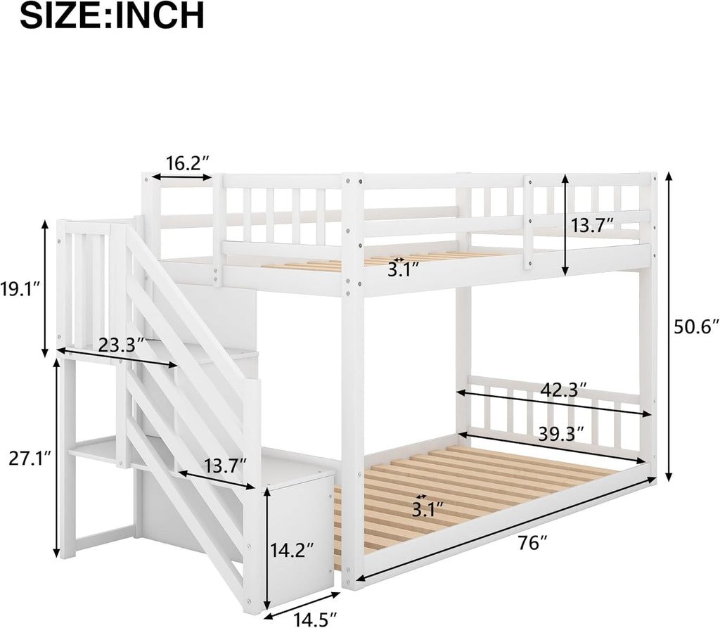 Low Bunk Beds Twin Over Twin with Stairs Solid Wood Bunk Bed Frame for Kids Boys Girls Teens, White