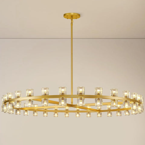 Modern Crystal Chandeliers 60in Large Brass Round Chandelier, Chandeliers for Dining Room, K9 Crystal Wagon Wheel Chandelier for Living Room,High Ceiling,Foyer,Entryway,Staircase(60xG4 Bulbs Included) A117-B0F7X93PDQ