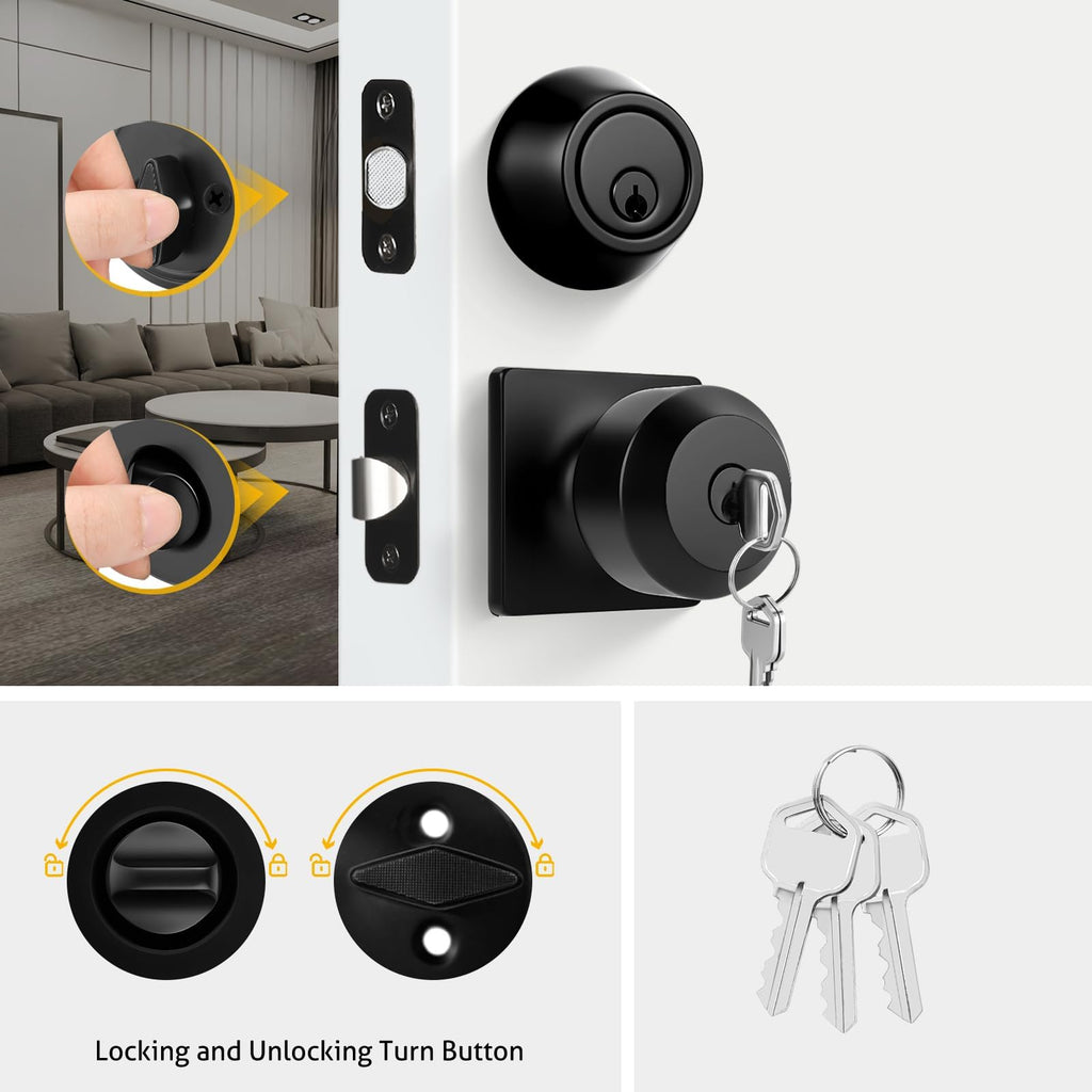 Matte Black Exterior Door Knob and Deadbolt Set, Keyed-Different Entry Locksets with Lock and Key 1 Pack Set