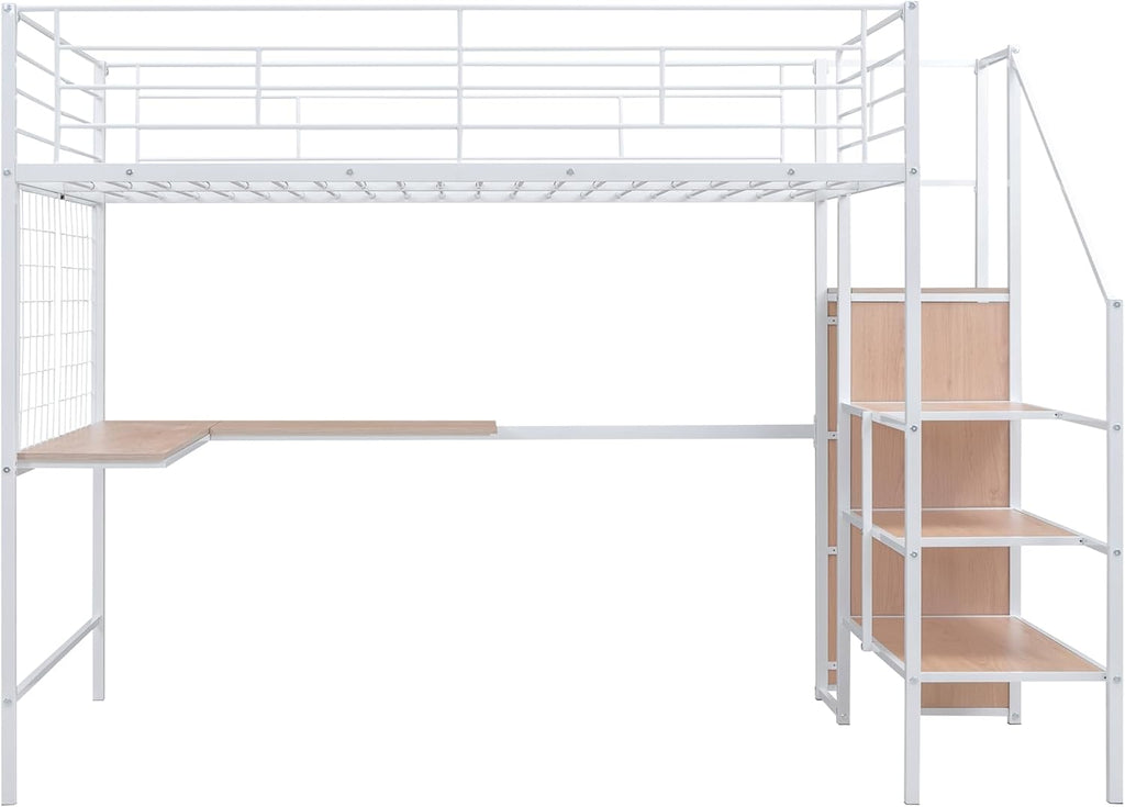 Full Loft Bed with Desk and Wardrobe and Storage Stairs, Loft Beds for Adults, Kids, Teens Metal, White