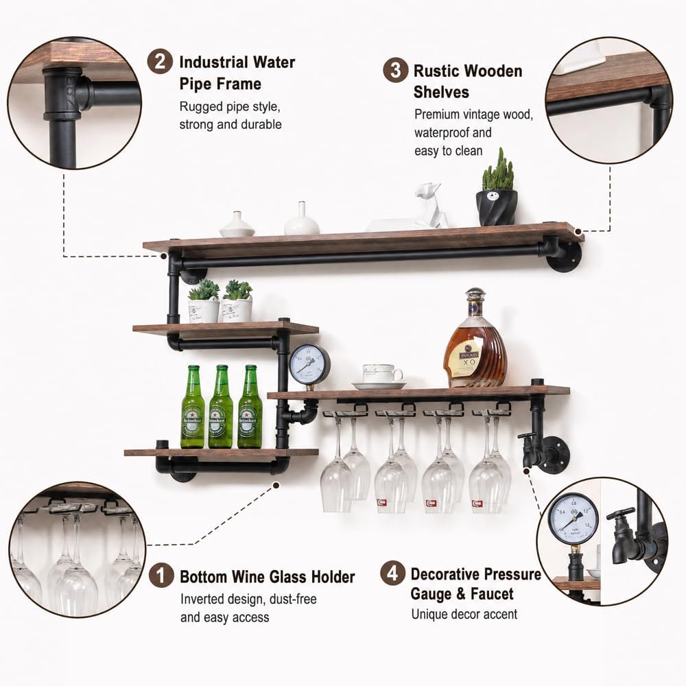 Bar Liquor Shelves, Industrial Pipe Shelving Wine Rack Wall Mounted with 4 Stem Glass Holder, Rustic Floating Pipe