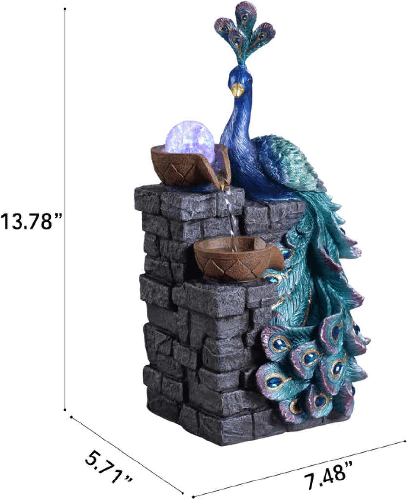Tabletop Water Fountain Decor, Peacock with LED Glass Color Changing Globe,Relaxation Decorative Desktop Water Zen