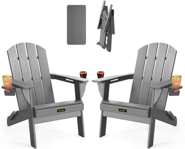 Folding Adirondack Chair Set of 2, Wooden Textured Plastic Adirondack Chairs with 2 Cup Holder, Weather Resistant