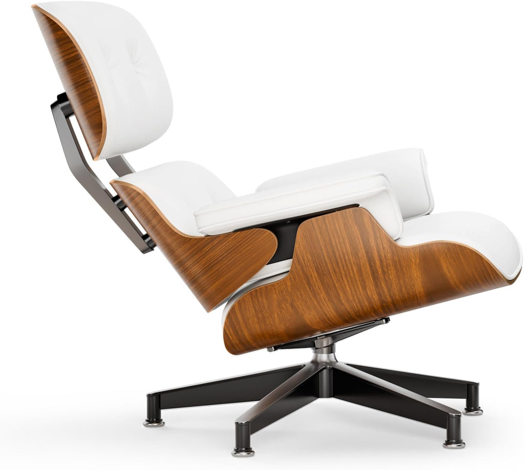 Mid-Century Modern Lounge Chair & Ottoman — White PU Leather, Walnut Base, Standard