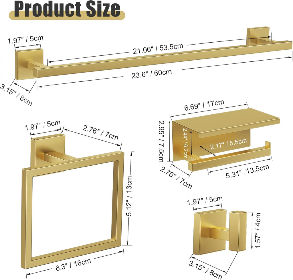 5-Pieces Brushed Gold Bathroom Hardware Accessories Set Stainless Steel Bathroom Towel Bar Set Towel Holder Set