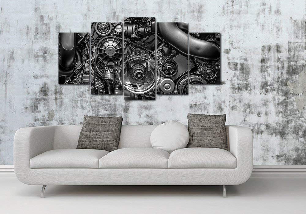 5 Piece Canvas Prints Engine Engineering Closeup Gear And Chain Black And White Photos Wall Art Modern Home Decor