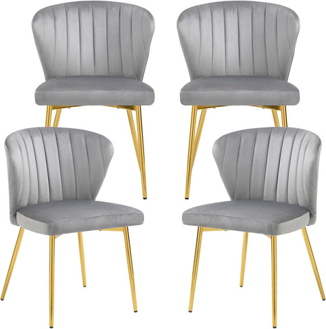Velvet Dining Chairs Set of 4, Upholstered Dining Room Chairs with Gold Metal Legs, Mid-Century Modern Style, Grey