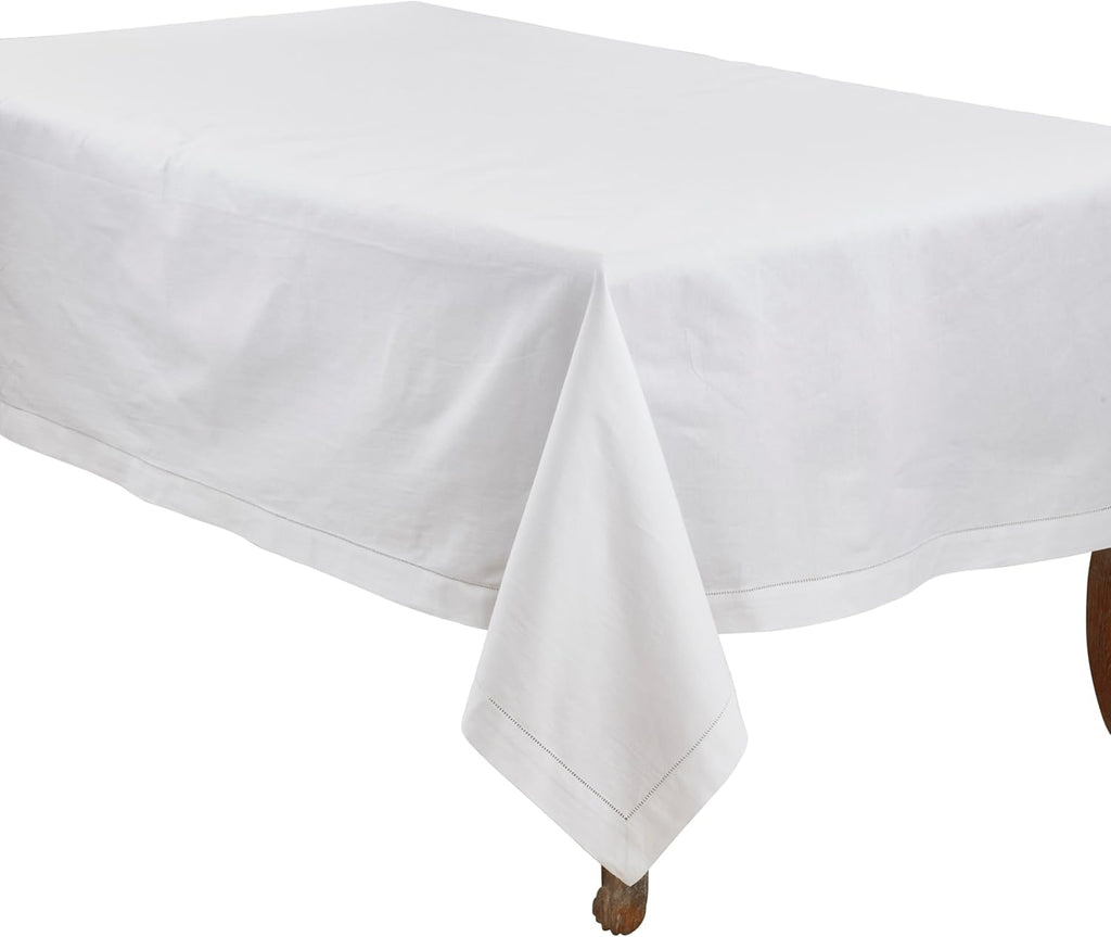 White Polyester Special Occasion Holiday Dining Tablecloth Handmade Hemstitched Border 70" X 160"