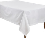White Polyester Special Occasion Holiday Dining Tablecloth Handmade Hemstitched Border 70" X 160"