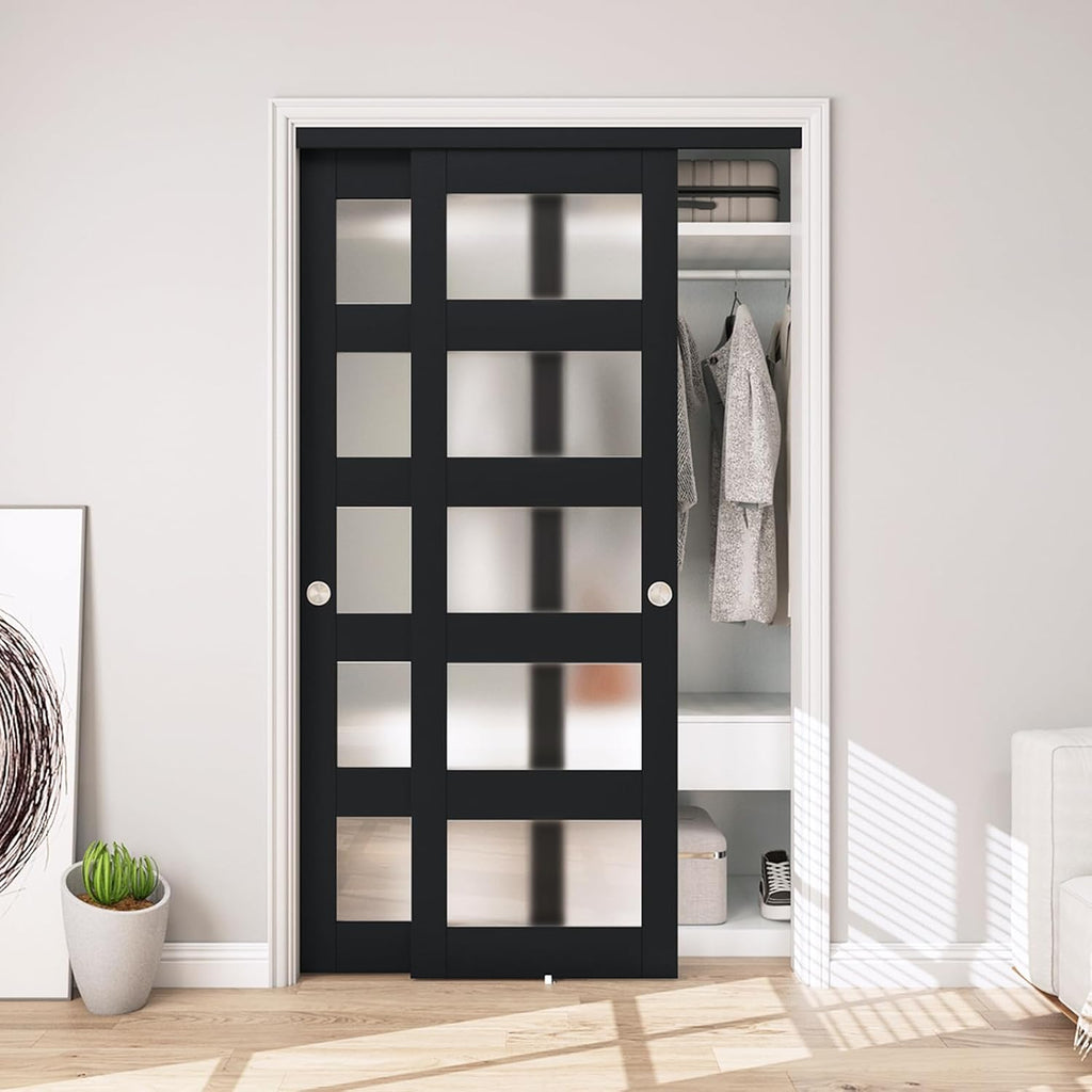 48" x 80" Sliding Closet Door, 5-Lite Frosted Glass Bypass Door with Hardware Kit & Matching Fascia,