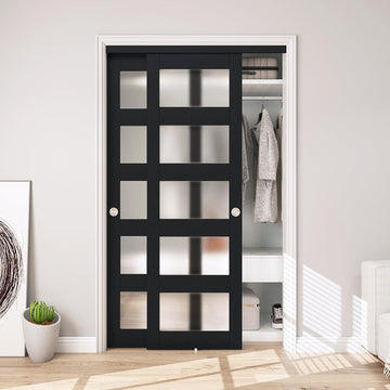 48" x 80" Sliding Closet Door, 5-Lite Frosted Glass Bypass Door with Hardware Kit & Matching Fascia,