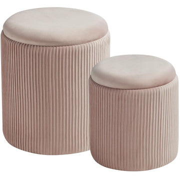 Set of 2 Round Storage Ottoman, Velvet Pink Ottoman with Storage
