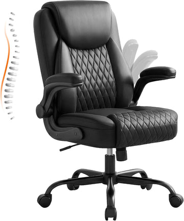 Leather, Home Desk Chair with Flip-up Arms and Ergonomic Back - Comfy Heavy Duty Executive Chair for Home Office