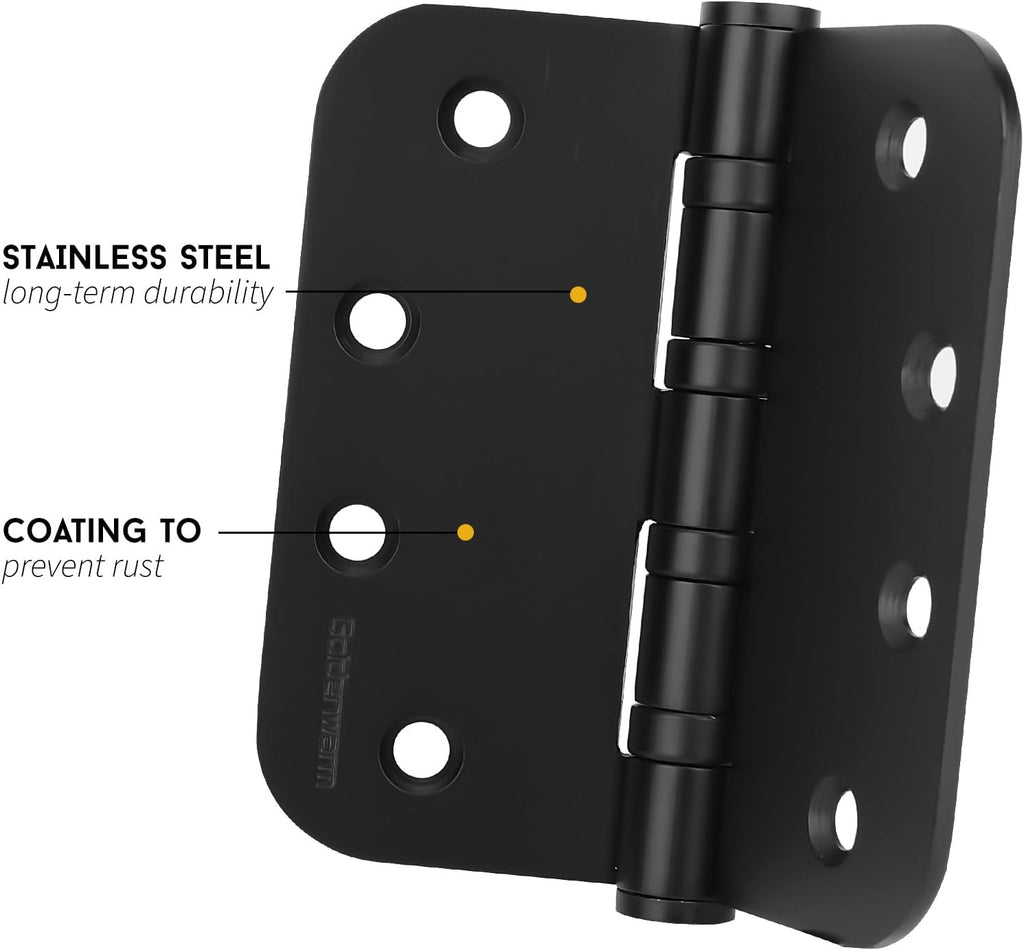 3 Pack 4'' Black Ball Bearing Door Hinges - Heavy Duty Stainless Steel Hinges Doors, 5/8'' Radius Corners