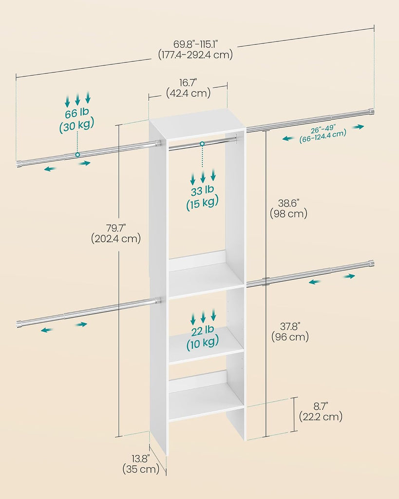 Closet System, Customizable Walk-In Closet Organizer System with Adjustable Hanging Rods and Storage Shelves, White