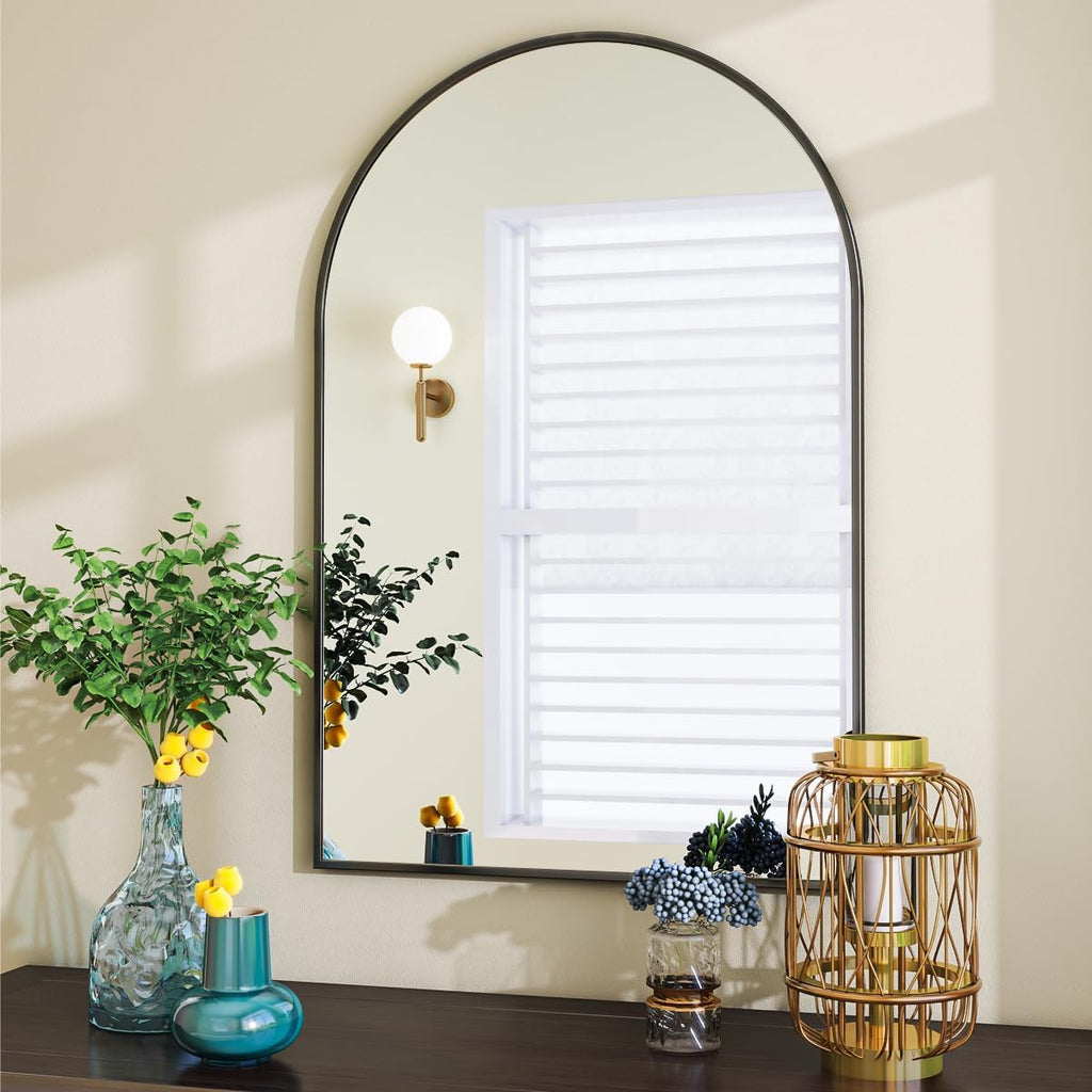 Arched Wall Mirror, 24 x 36 inch Arch Bathroom Mirror, Wall Mounted Vanity Mirror with Arch Metal Frame, Modern
