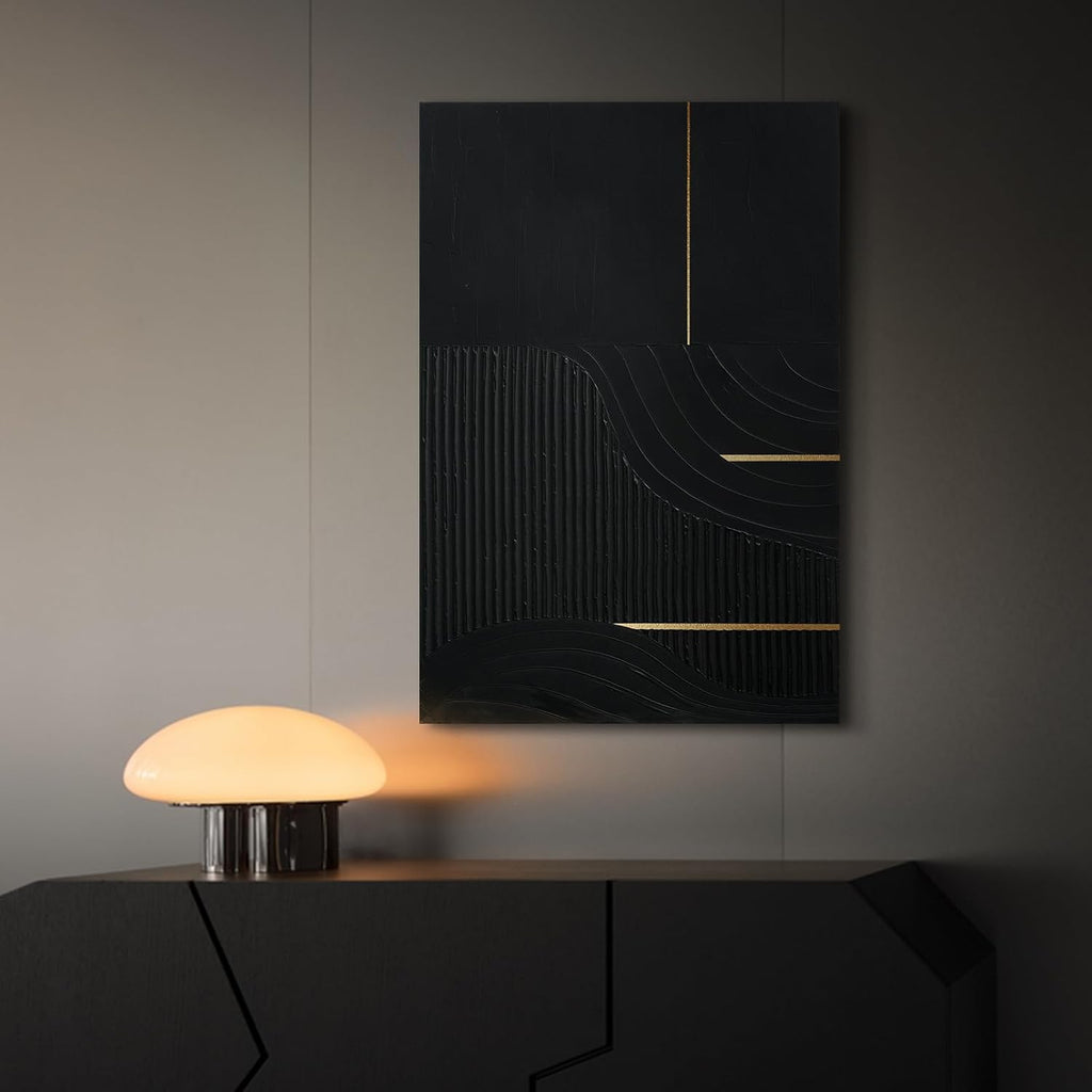 Hand-Painted Black & Gold Abstract Wall Art, Modern Textured Oil Painting | Original Canvas Artwork Bedroom
