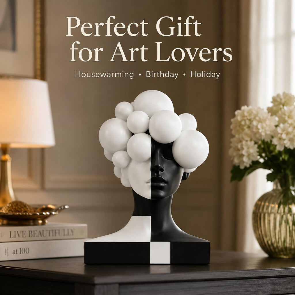 Checkered Modern Abstract Bust Statue Decor, Black and White Art Face Sculpture,Large Resin Woman Head Figurine