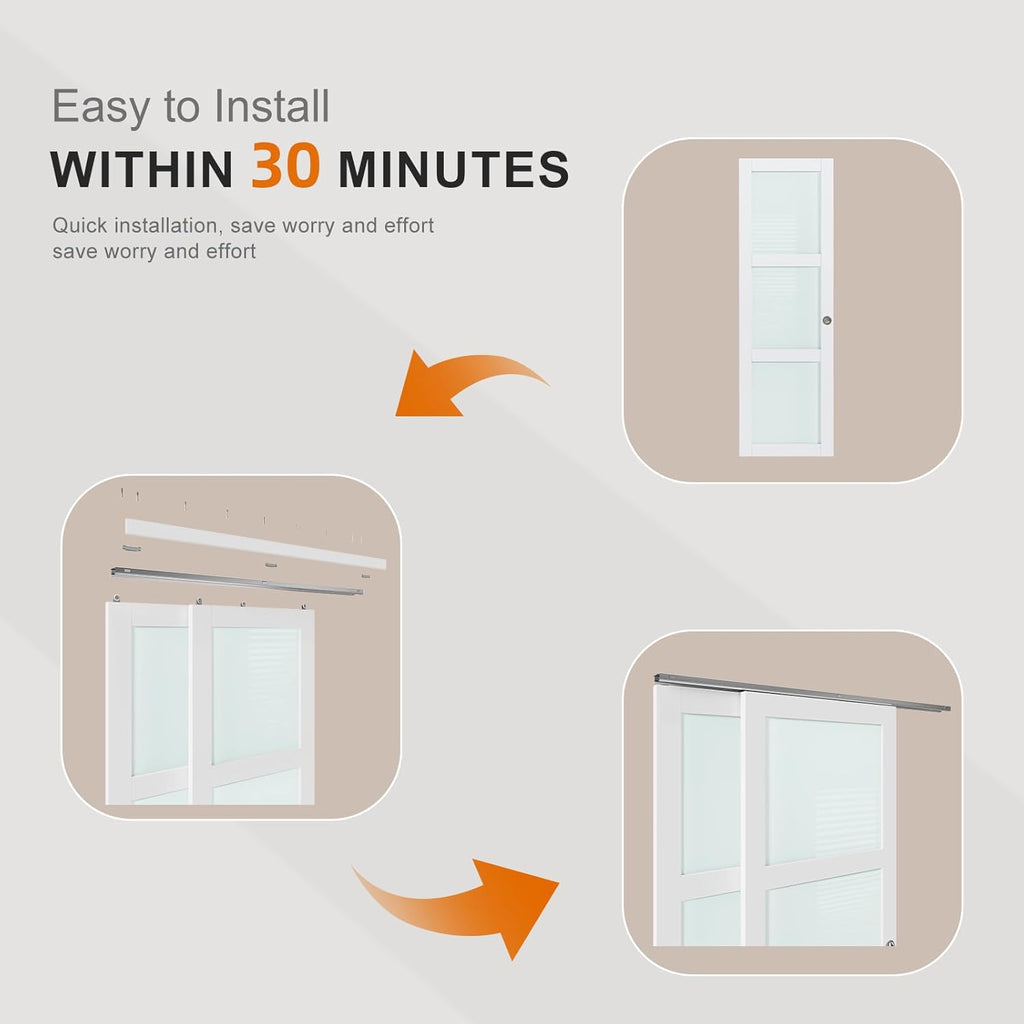 60x80 in (Double 31in) Bypass Sliding Closet Door for Bedroom, 3-Lite Frosted Glass Sliding Door wit