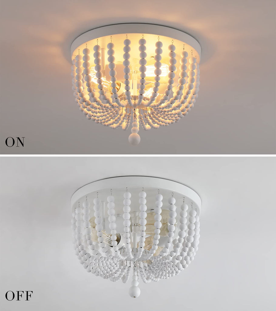 White Boho Beaded Chandeliers Flush Mount Ceiling Light, 3-Lights Small Chandelier Light Fixture, Stairway Gazebo