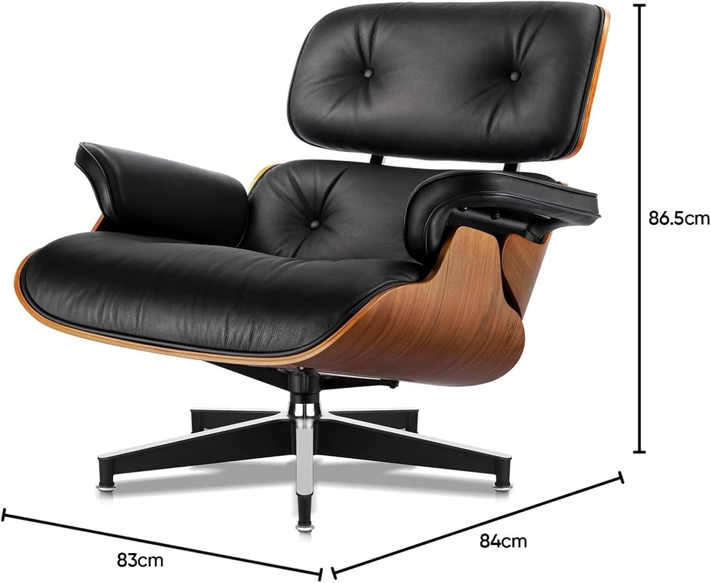 Mid-Century Modern Lounge Chair & Ottoman — Black Bonded Grain Leather, Light Walnut Base, Extended Chaise
