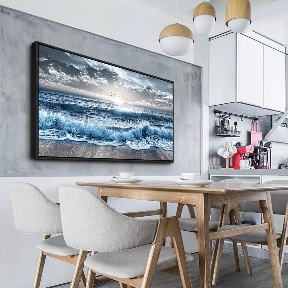 Large Wall Decor Wall Art Office Decor Blue Beach Sea Wave Paintings Sunrise Ocean Seascape Wall Pictures Canvas