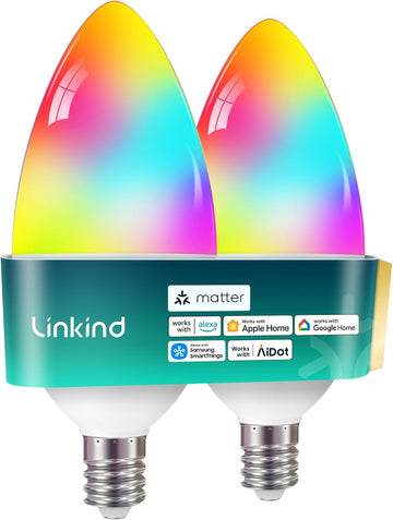 Matter Smart Light Bulbs, E12 Led Bulb Compatible with Alexa, 500LM Smart Bulbs for Chandelier, Color Changing RGBTW (2 Pack)