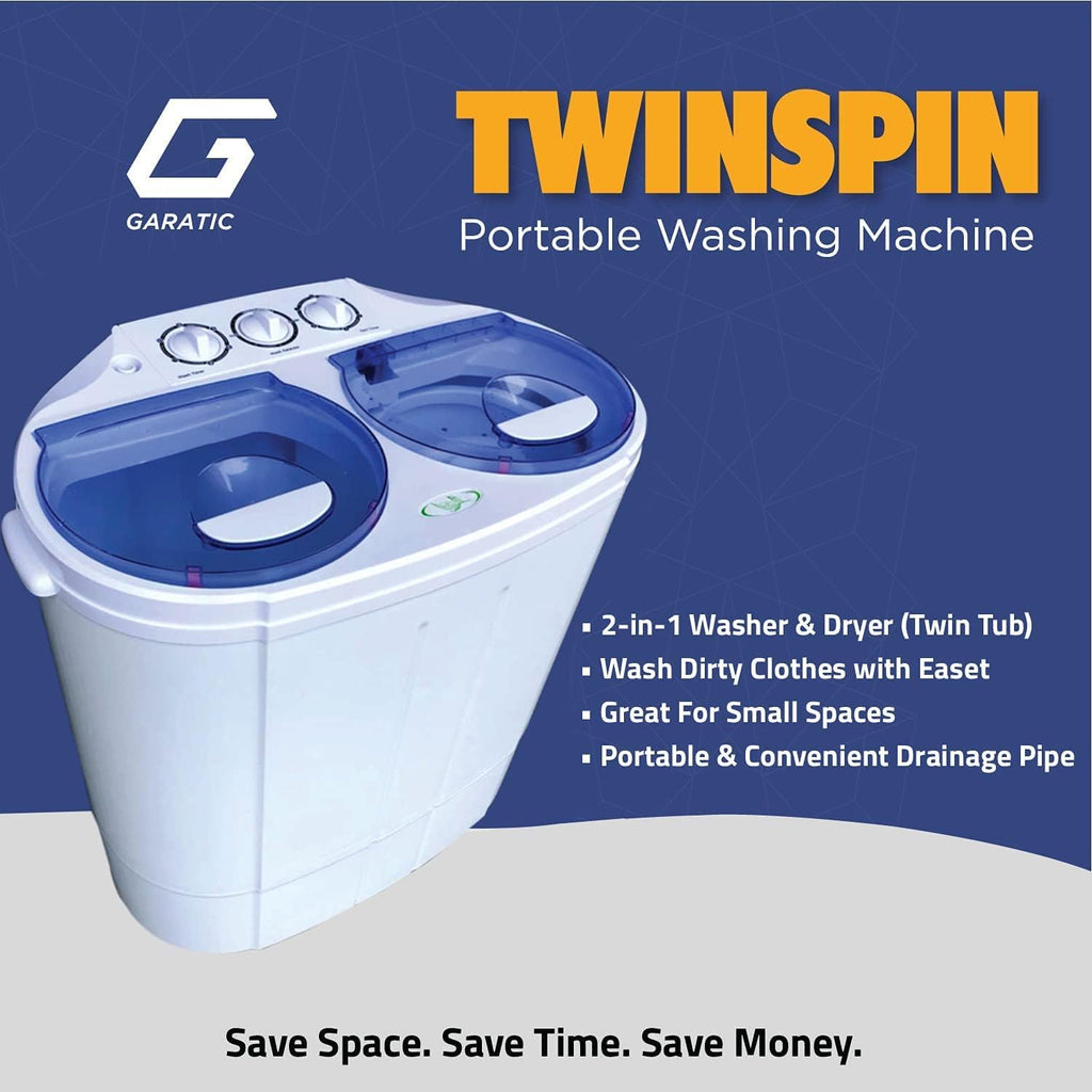 Garatic Portable Compact Mini Twin Tub Washing Machine w/Wash and Spin Cycle, Built-in Gravity Drain, 13lbs Capacity