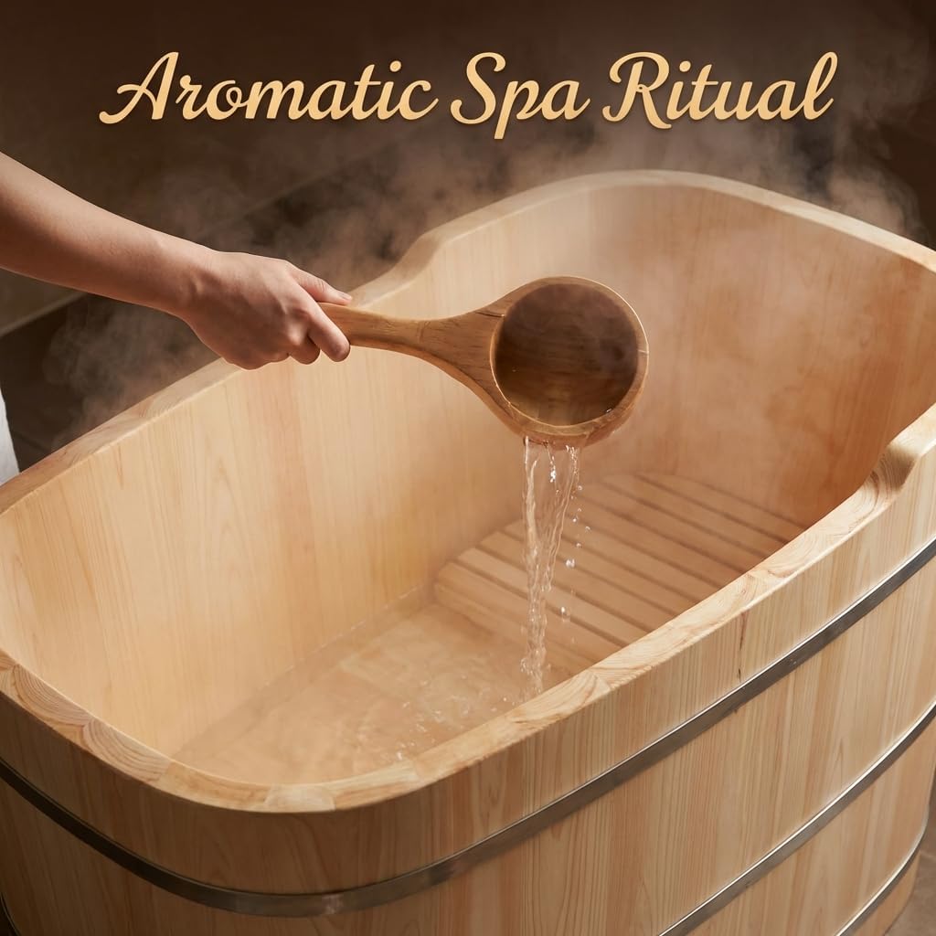 Premium Japanese Hinoki Wood Soaking Tub - 47.2" Freestanding Bathtub with Copper Drain