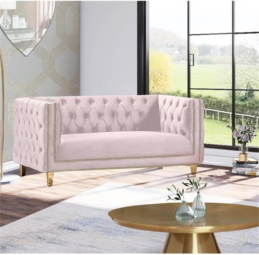 652Pink-L Michelle Collection Modern | Contemporary Loveseat with Deep Button Tufting, Gold Nailhead Trim and Sturdy