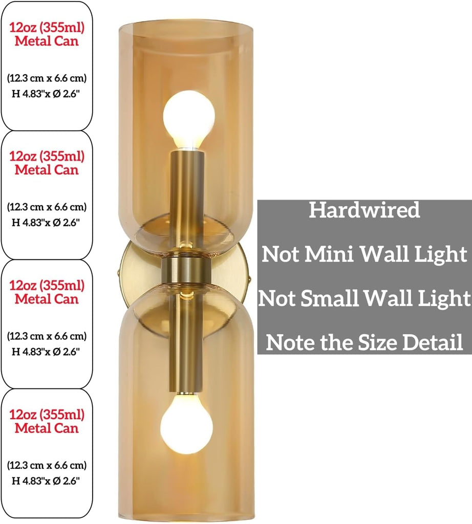 Minimalist 2-Light Gold Wall Sconces with Cylinder Glass Shades- Mid Century Vanity Wall Double Lights Hardwired