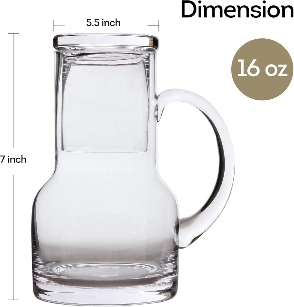 16 oz Glass Water Carafe or Kitchen - Carafe with Cup Lid & Handle, Perfect for Bedside or Desktop Use, Modern Design