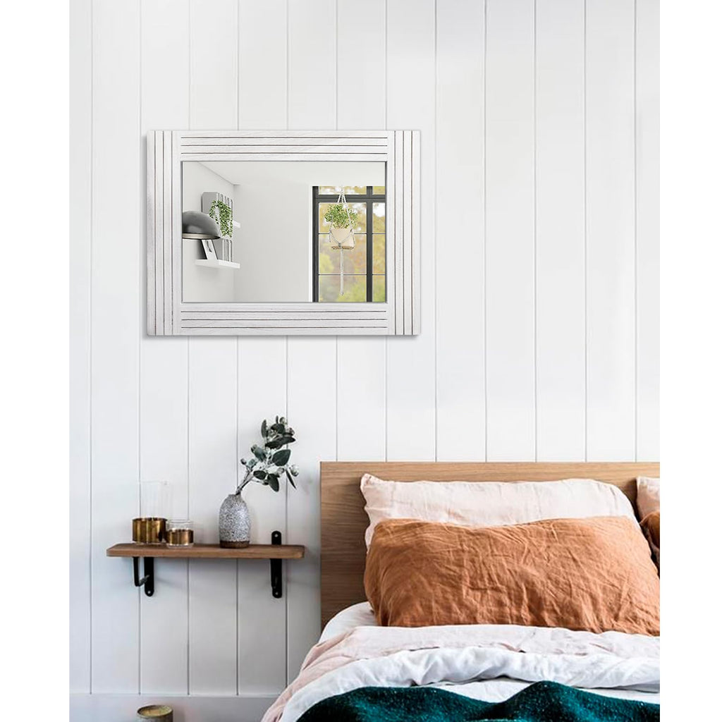 Rustic Wall Mirror - Rectangular Antique Wooden Frame - Farmhouse Bedroom & Entryway - Large White - 20" x 16"