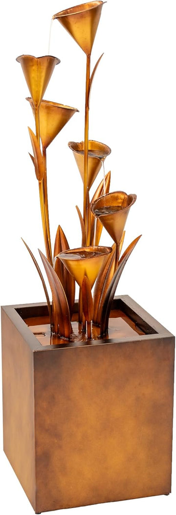 46" Tall Bronze Metal Sculptural Flower Multi-Tier Freestanding Water Fountain for Indoor & Outdoor Use