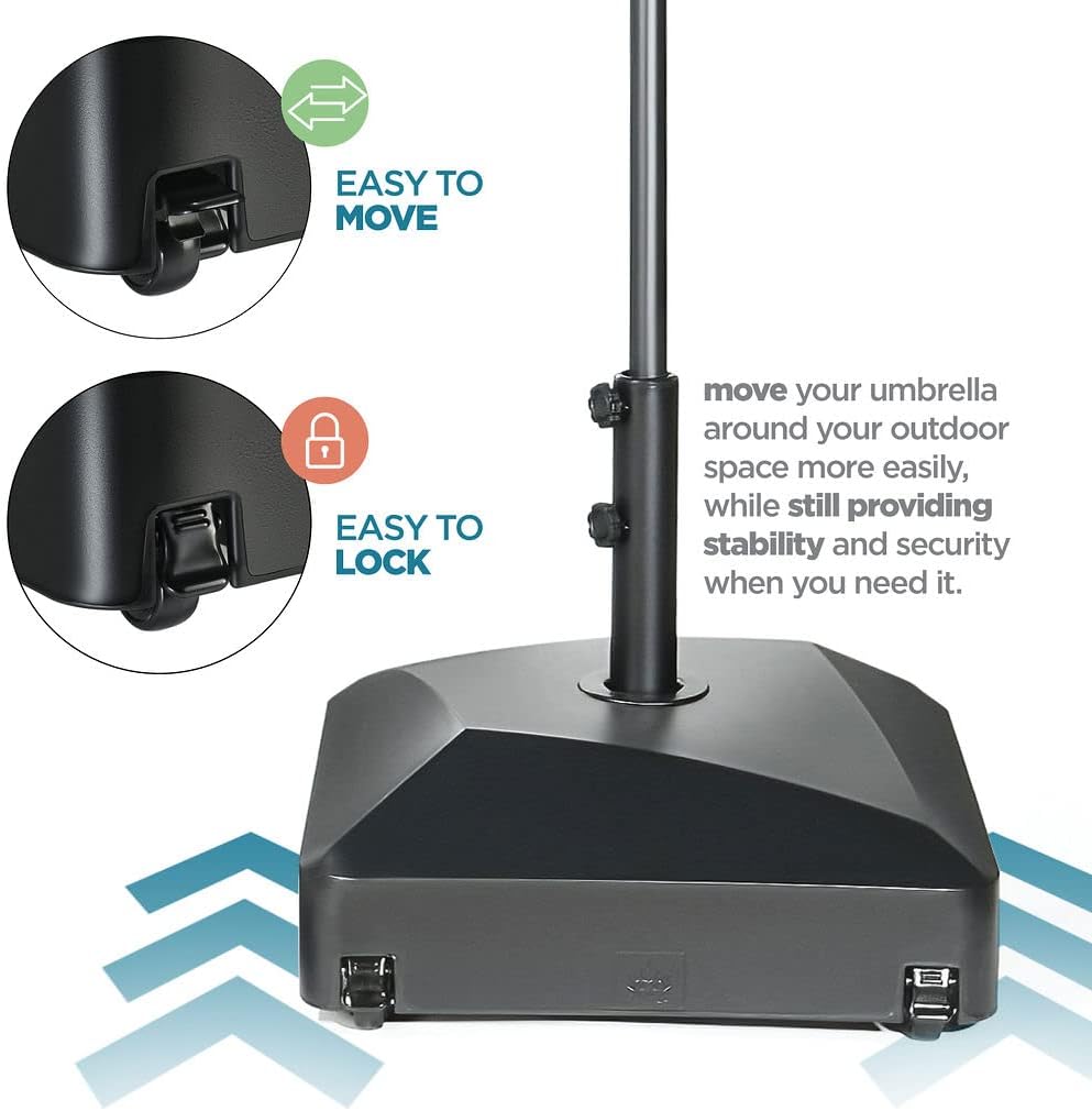 Umbrella Base - Fillable Umbrella Pole Holder 2 Knobs, with Heavy Duty Windproof Design . 4 Wheels, 2 Locks - JH4B