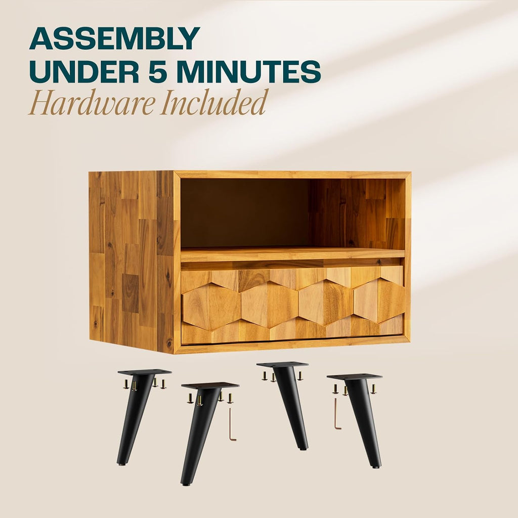 Georgina Solid Wood Nightstand With 1 Drawer & Open Shelf- Fully Assembled Mid Century Modern Side Table - Geometric