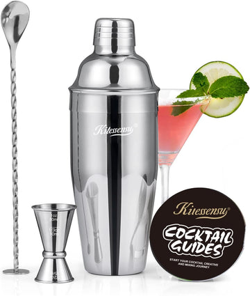 Cocktail Shaker, 24oz Drink Shaker with Bartender Strainer, Measuring Jigger, Bar Mixing Spoon, Cocktail Recipe - Set of 3