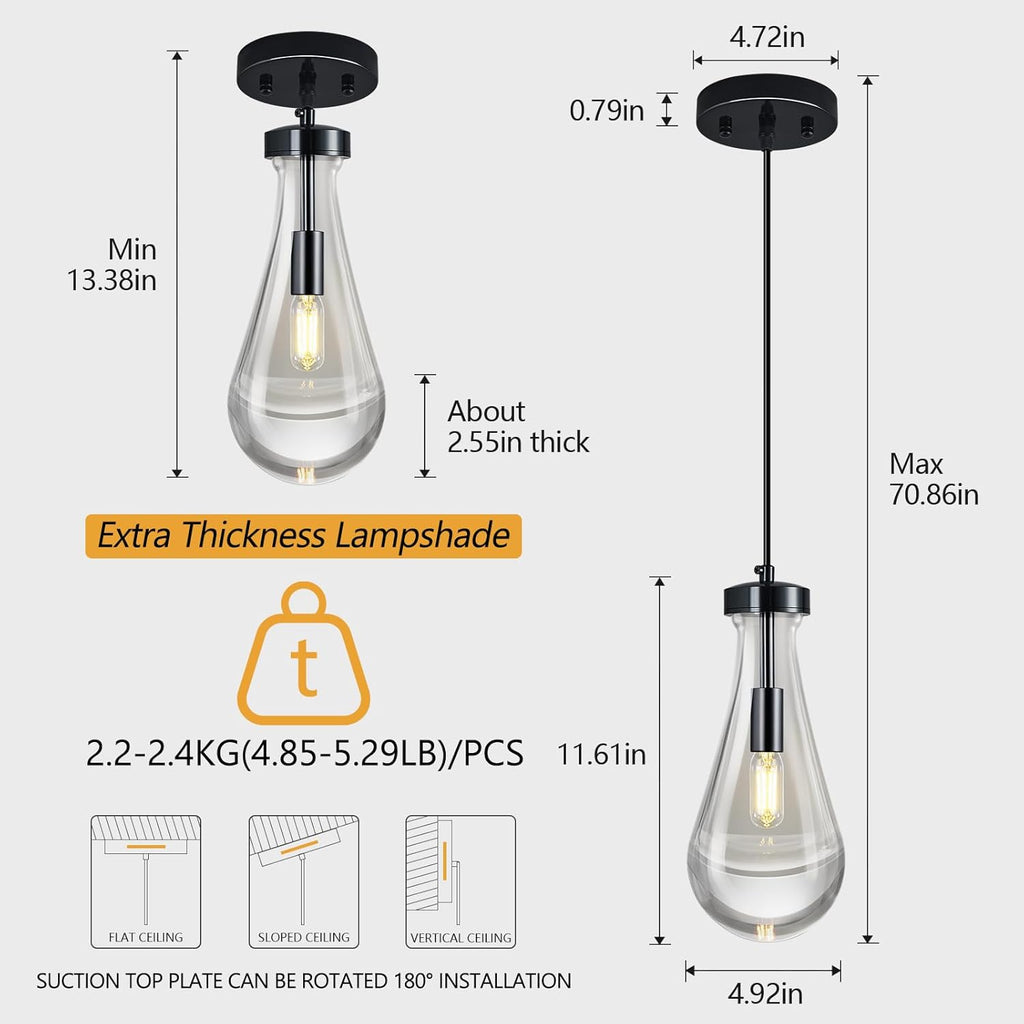 Raindrop Pendant Lights Kitchen Island Teardrop PlatingBlack Hanging Light Clear Solid Glass Pendant Light Modern Chandeliers for Dining Room Porch Corridor Living Room(PlatingBlack 1-Pack)