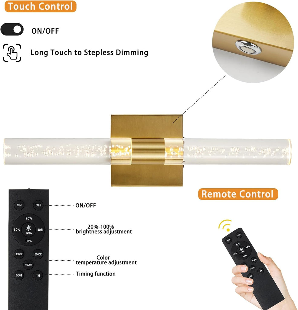 Battery Operated Wall Sconce Set of Two, Rechargeable Modern Crystal Bathroom Sconces, 3000K-6000K Dimmable Gold LED