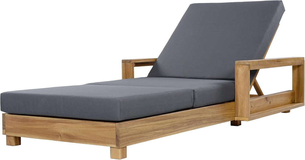 Wood Chaise Lounge with 4 Triple-Fold Cushion, Dark Gray | Outdoor Chaise Lounge, Acacia Wood Patio Recliner With 4