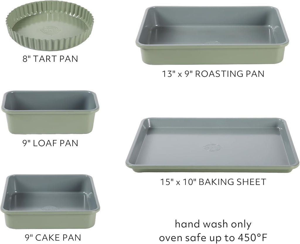 Kitchen Essential Carbon Steel Pans Bakeware Set W/Premium PFOA, PFAS, PTFE Free Grey Non stick - Juniper Green
