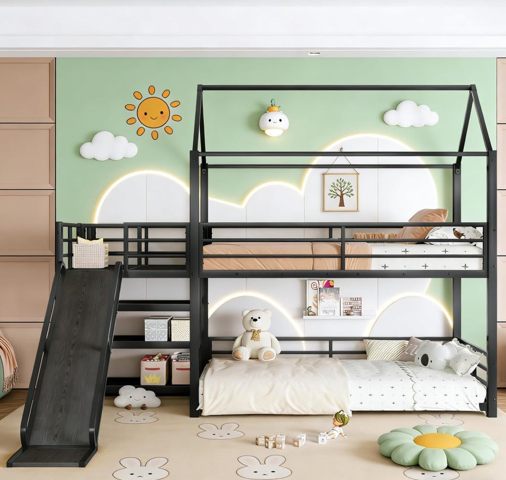 Metal Bunk beds Twin Over Twin with Slide and Storage Stairs, House Floor bunk Bed with guardrail for Kids,Black